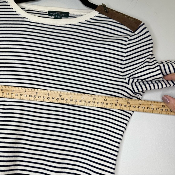 Ralph Lauren Women’s Top Shirt Sz M Striped Faux Suede Elbow Patch Zip Shoulder - Picture 8 of 9